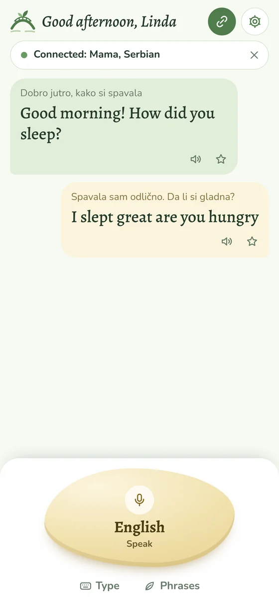 The same conversation on Linda's phone, in English